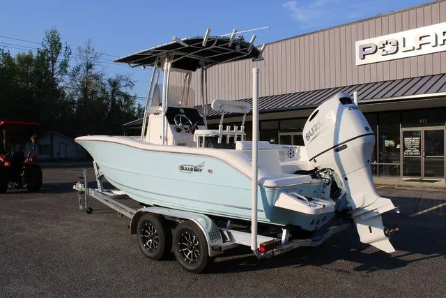 Slide: The Image of 2026 Bulls Bay Boats 200 CC on trailer in front of building. - 3
