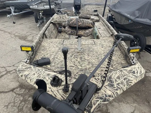 Slide: The Image of 2022 Lowe 1860 ROUGHNECK SC boat with camouflage pattern and equipment. - 3