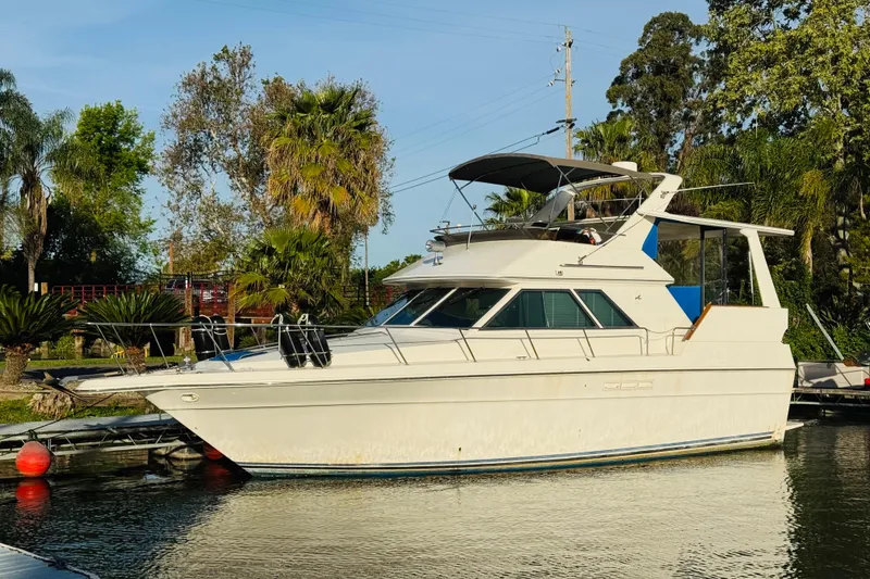 The Image of 1991 Sea Ray 380 Aft Cabin yacht docked by lush greenery. - 1