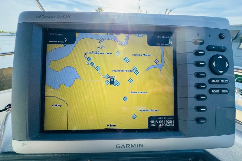Slide: The Image of Garmin GPSmap 4208 displaying nautical chart on Sea Ray 380 Aft Cabin, 1991 model. - 19