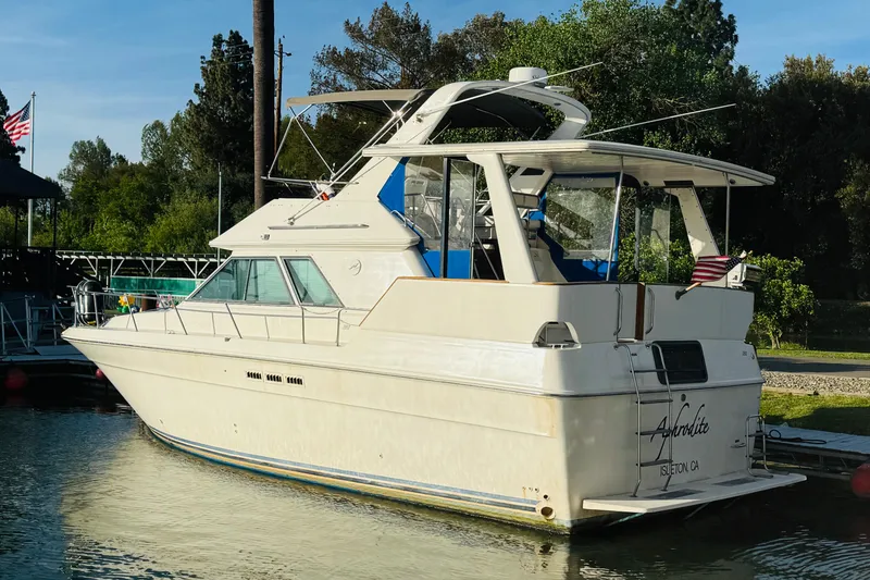 Slide: The Image of 1991 Sea Ray 380 Aft Cabin yacht docked by lush greenery. - 4