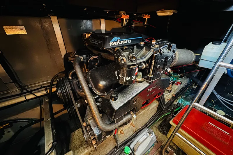 Slide: The Image of Engine compartment of a 1991 Sea Ray 380 Aft Cabin with MerCruiser engine. - 43