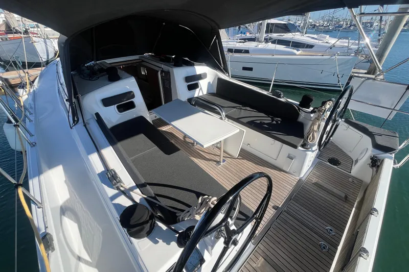 Slide: The Image of 2023 Jeanneau Sun Odyssey 380 yacht cockpit with dual steering wheels and seating area. - 36