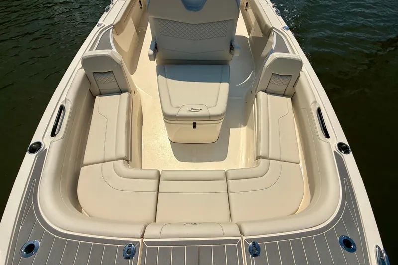 Slide: The Image of Luxurious seating area on 2026 Scout 281 XSS boat, featuring elegant upholstery and spacious design. - 23