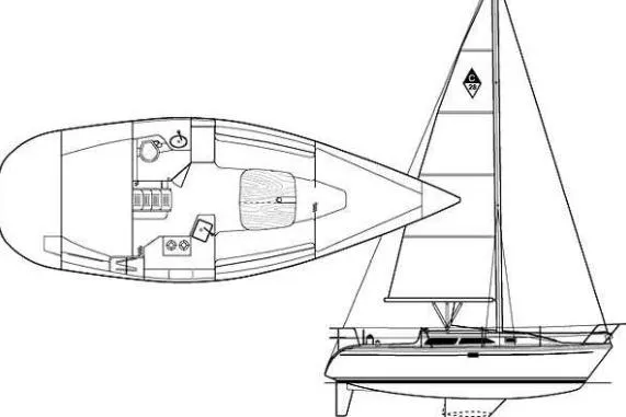 Slide: The Image of Blueprint of a 1997 Catalina 28 MkII sailboat, showcasing interior layout and side profile. - 8