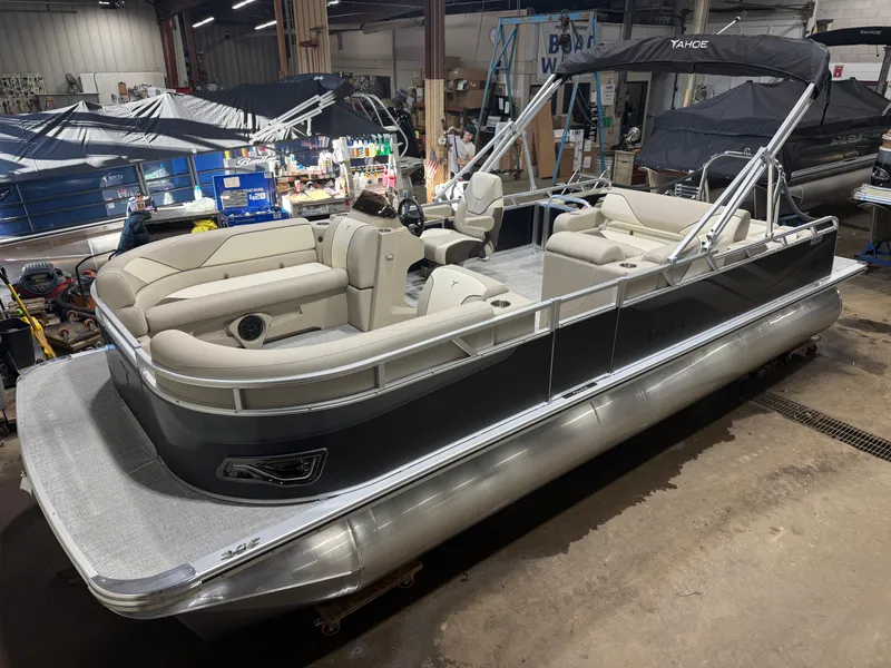 The Image of 2025 Tahoe Sport VRB 2385 pontoon boat in workshop. - 1