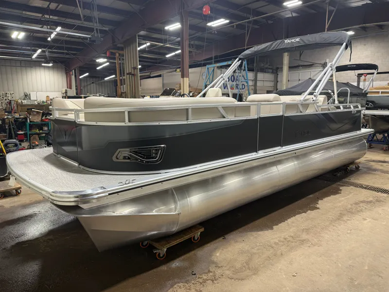 Slide: The Image of 2025 Tahoe Sport VRB 2385 pontoon boat in warehouse. - 37