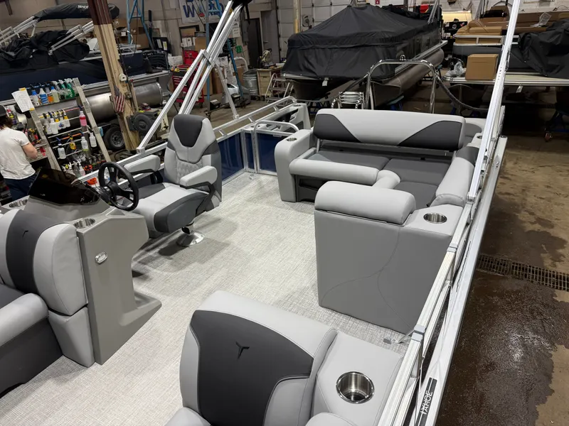 Slide: The Image of Interior of 2025 Tahoe Sport VRB 2385 Swingback boat, gray upholstery. - 3