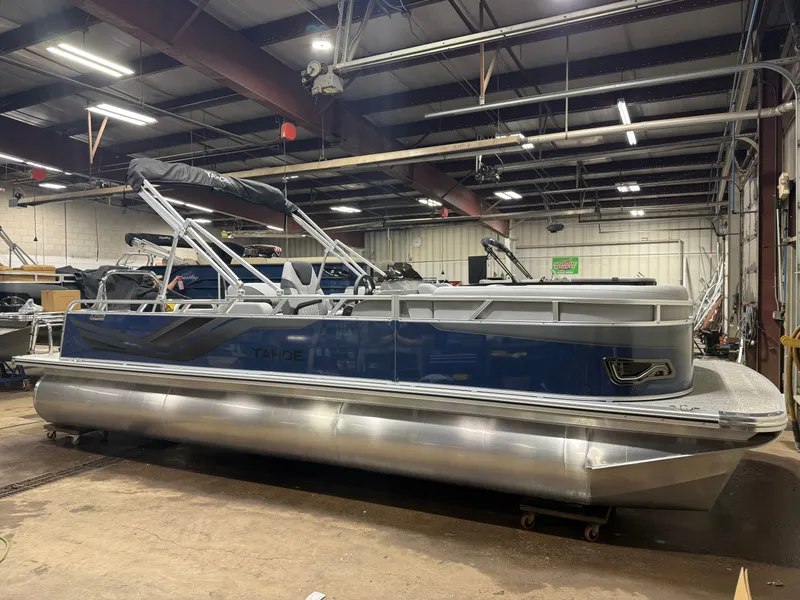 Slide: The Image of 2025 Tahoe Sport VRB 2385 pontoon boat in warehouse. - 47