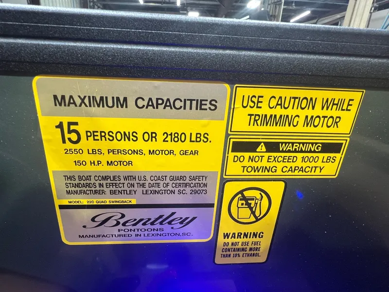 Slide: The Image of Safety labels on Bentley Pontoons Legacy 220 QSB, model year 2026. - 13
