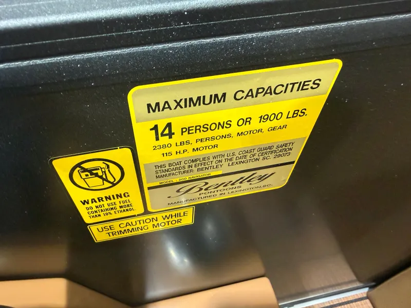 Slide: The Image of Safety label on Bentley Pontoons Legacy 220 Navigator, 2026 model. - 15