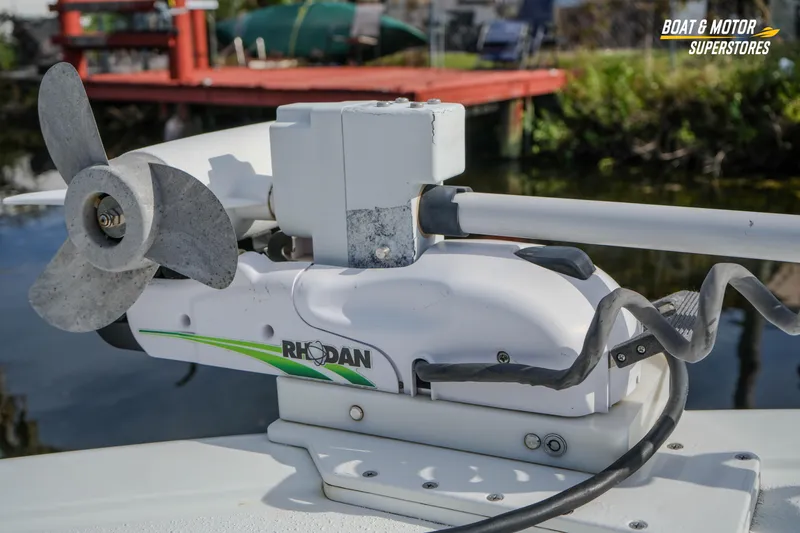 Slide: The Image of Rhodan trolling motor on 2020 Yellowfin 32 Offshore boat, dockside view. - 29