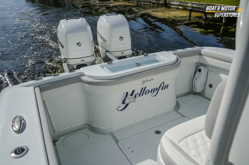 Slide: The Image of 2020 Yellowfin 32 Offshore boat with twin Mercury engines on water. - 48