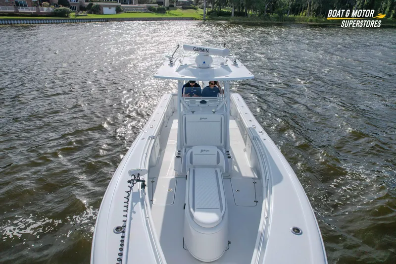Slide: The Image of 2020 Yellowfin 32 Offshore boat cruising on a sunny day, viewed from above. - 9