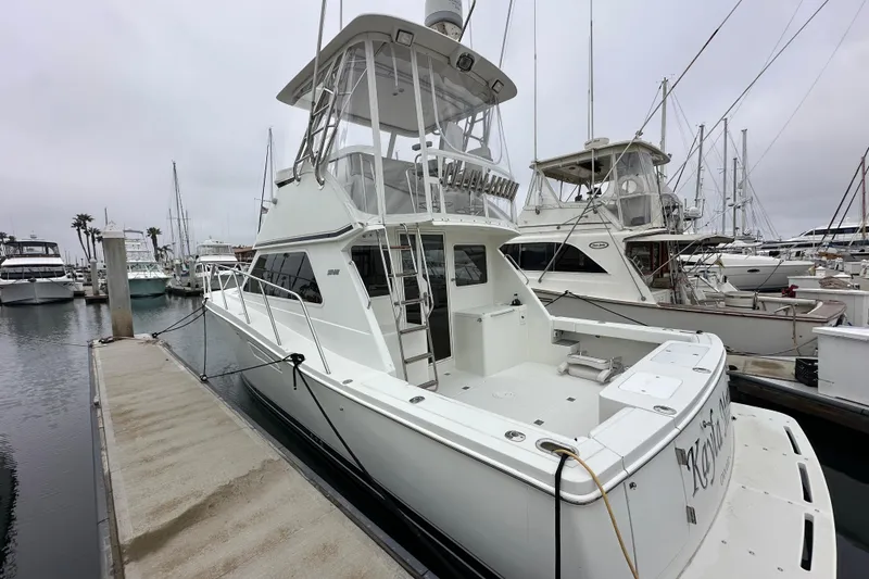 Slide: The Image of 2002 Skipjack 36 Flybridge yacht docked at marina, overcast sky. - 32