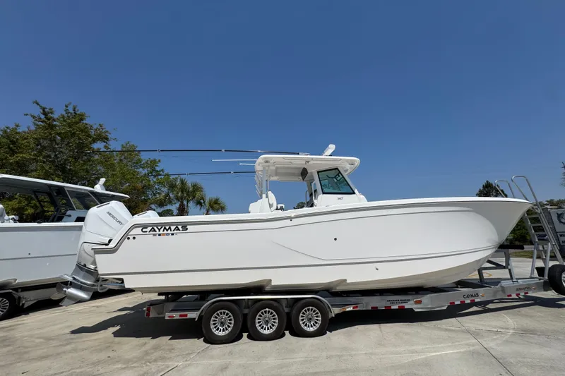 Slide: The Image of 2025 Caymas 34 CT boat on trailer under clear blue sky. - 10