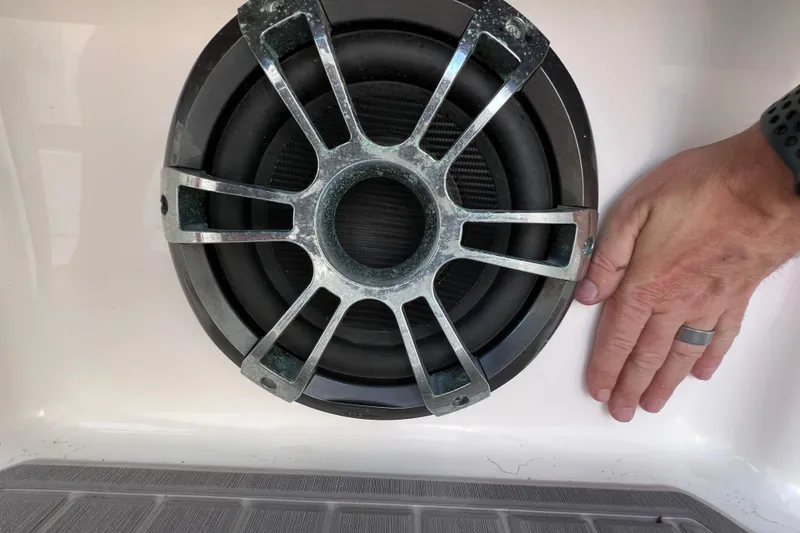 Slide: The Image of Close-up of a speaker on a 2022 Sea Ray Sundancer 320 Coupe Outboard boat. - 37
