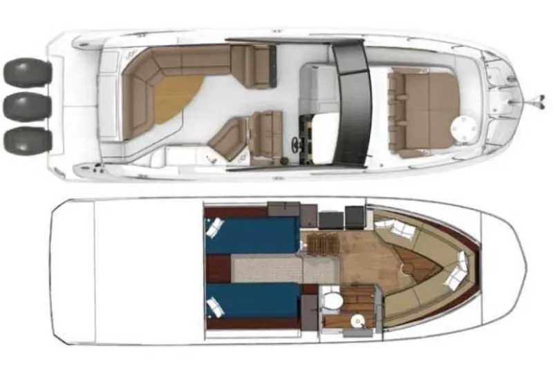 Slide: The Image of 2022 Sea Ray Sundancer 320 Coupe Outboard floor plan, showcasing upper and lower deck layouts. - 51