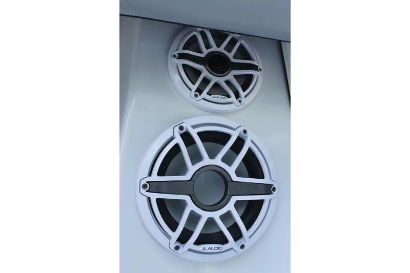 Slide: The Image of Speakers on 2025 Yellowfin 36 Offshore boat, featuring JL Audio marine sound system. - 15