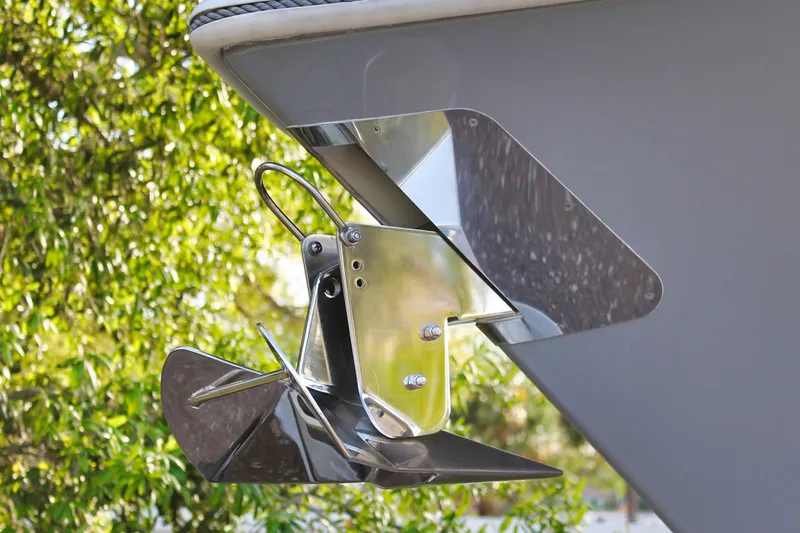 Slide: The Image of 2025 Yellowfin 36 Offshore boat anchor detail with shiny metal finish. - 24