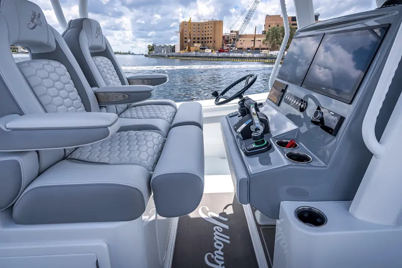 Slide: The Image of Interior of 2025 Yellowfin 36 Offshore boat with modern helm and luxurious seating. - 30