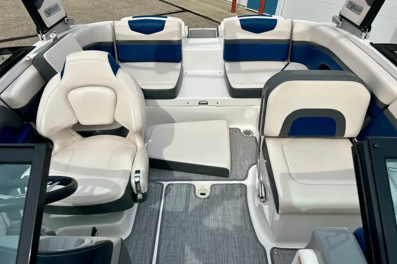 Slide: The Image of Interior of 2017 Chaparral 203 Vortex boat with white and blue seating. - 71