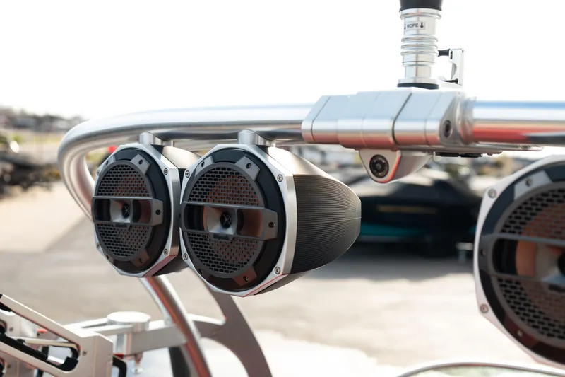 Slide: The Image of 2021 MasterCraft X24 boat speakers mounted on a sleek metal frame. - 19