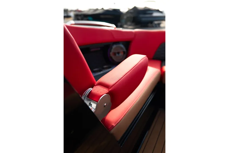 Slide: The Image of Red interior seating of 2021 MasterCraft X24 boat, showcasing luxury design. - 22