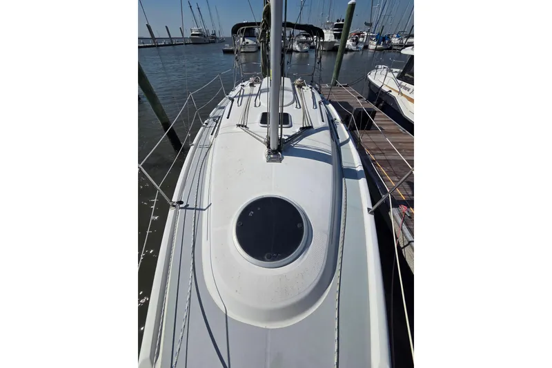 Slide: The Image of 2005 Hunter 31 sailboat docked at marina, top deck view. - 20