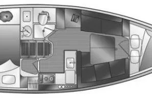 Slide: The Image of 2005 Hunter 31 sailboat interior layout with kitchen, seating, and sleeping areas. - 26