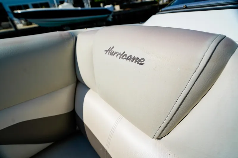 Slide: The Image of Close-up of 2017 Hurricane SunDeck 2690 OB boat seat with logo. - 20