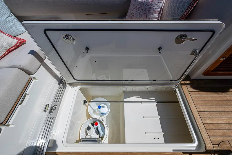 Slide: The Image of Battery compartment of a 2017 Hinckley Talaria 34R yacht, showcasing wiring and components. - 30