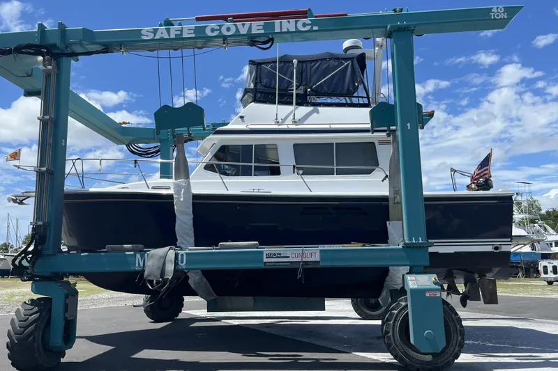 Slide: The Image of 1999 Sabreline Swift Trawler propeller and shaft detail in dry dock. - 91