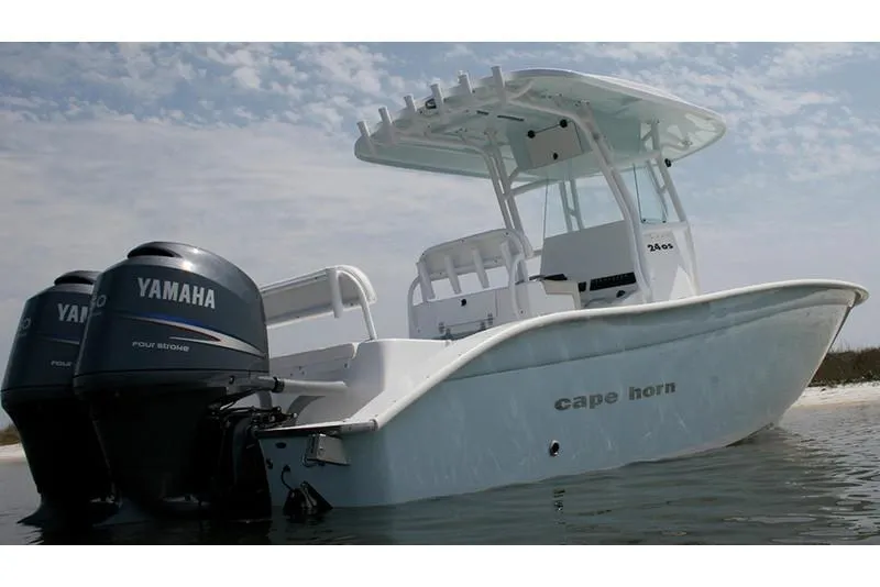 Slide: The Image of Manufacturer Provided Image: 2026 Cape Horn 24 OS boat with twin Yamaha engines on calm water. - 5