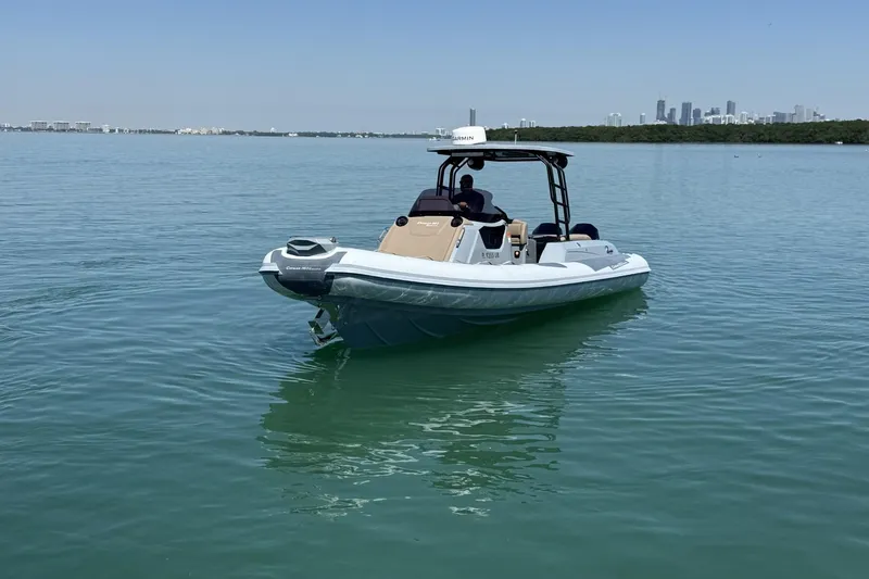 Slide: The Image of 2026 Ranieri Cayman Executive boat on calm water with city skyline in background. - 2