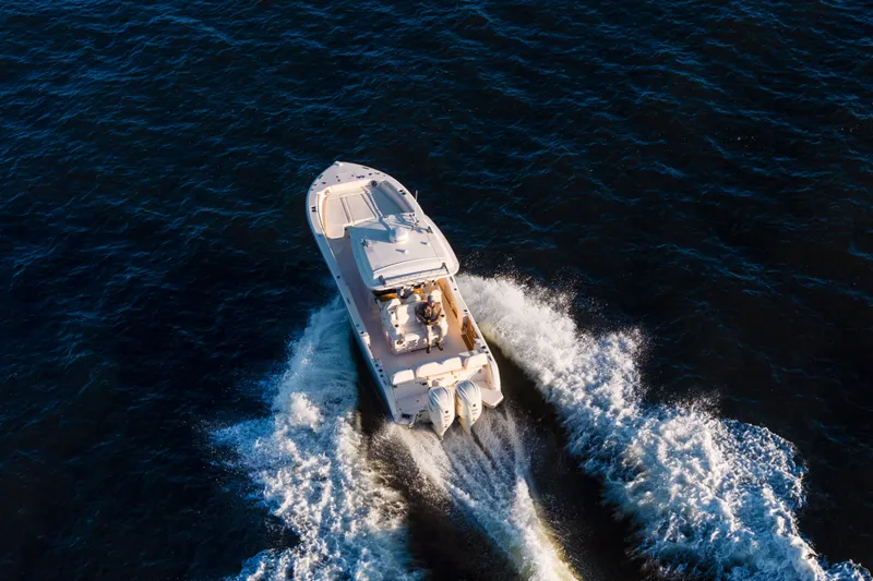 Slide: The Image of A Grady-White 321 CE boat speeds across the water, creating white waves. - 4