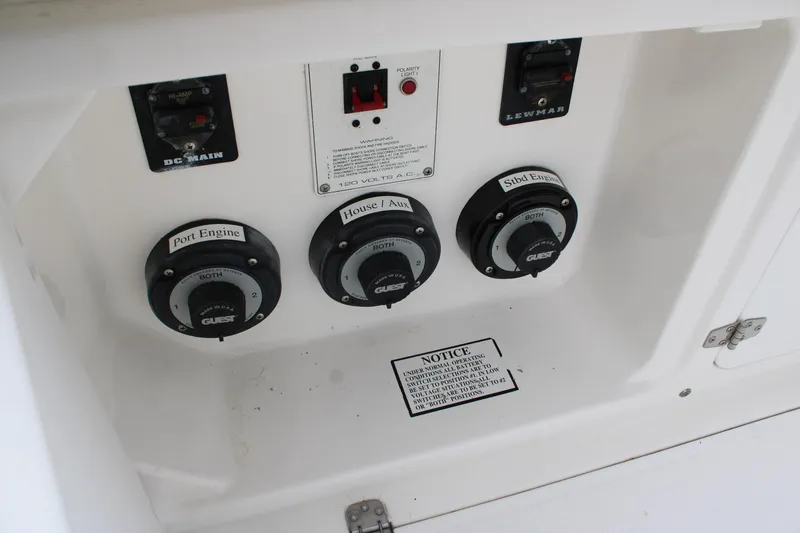 Slide: The Image of Boat control panel with engine switches and labels, Century 3100, year 2000. - 33