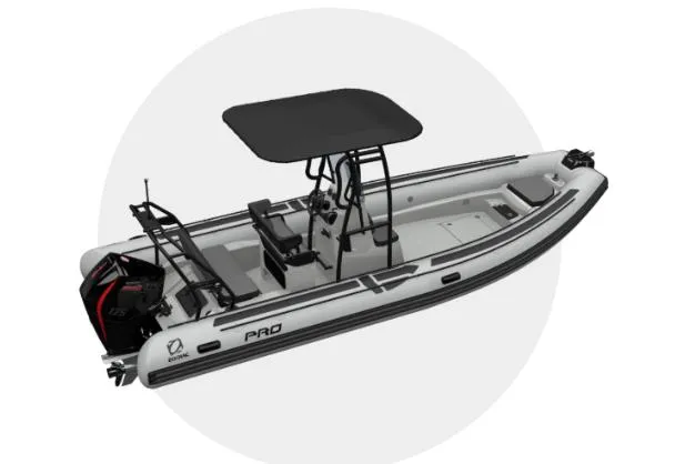 Slide: The Image of Manufacturer Provided Image: Zodiac Pro 7 boat 2026 with black canopy and motor. - 5