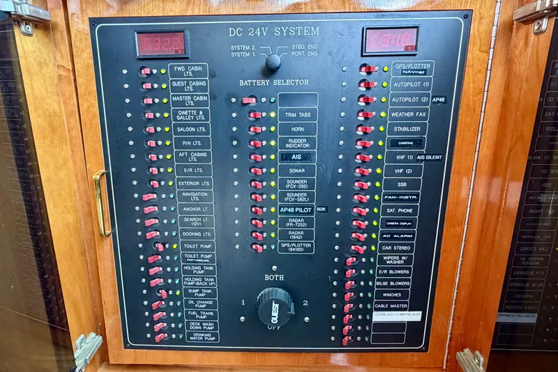 Slide: The Image of Control panel of Horizon 92 yacht, featuring DC 24V system and battery selector switches. - 114