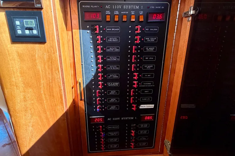 Slide: The Image of Electrical panel on Horizon 92 yacht, displaying AC 110V system controls and readings. - 64