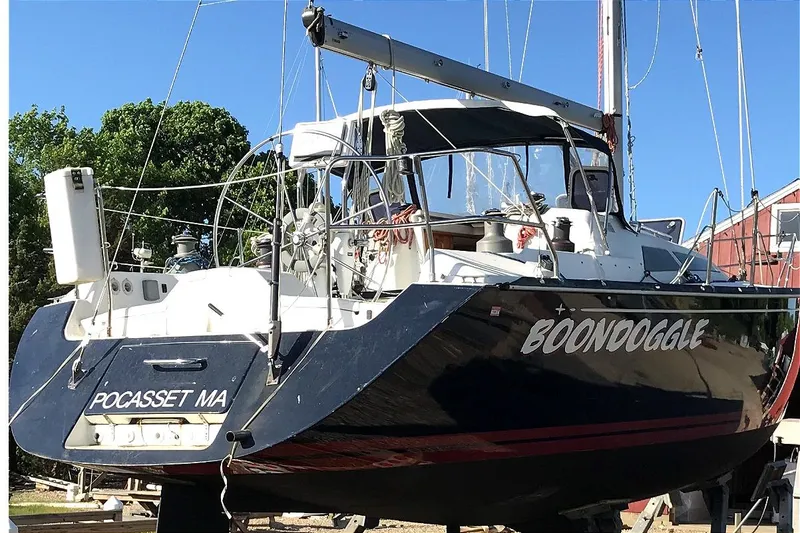 Slide: The Image of Sailboat "Boondoggle" docked in Pocasset, MA, C&C 110 model, 2001. - 5