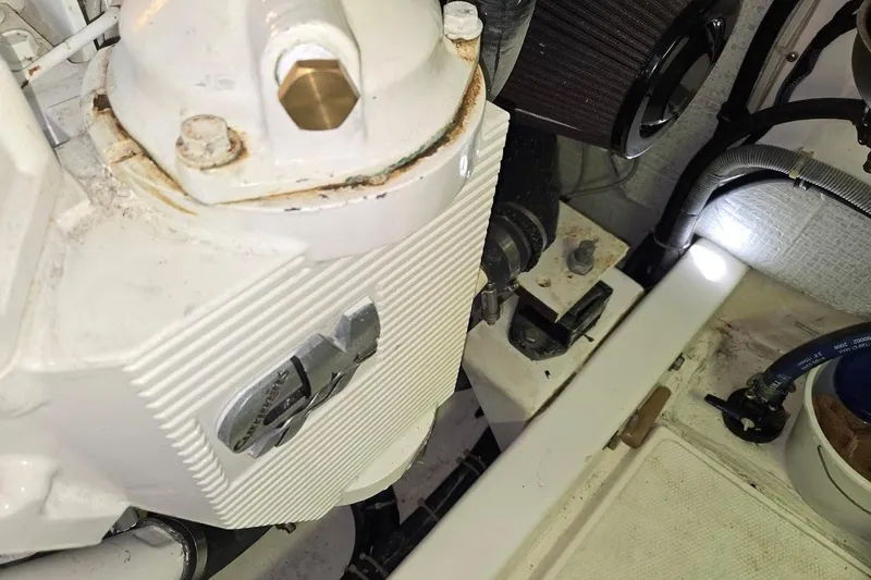 Slide: The Image of Engine room of 2010 American Tug "34" Pilothouse Trawler, showing mechanical components. - 108