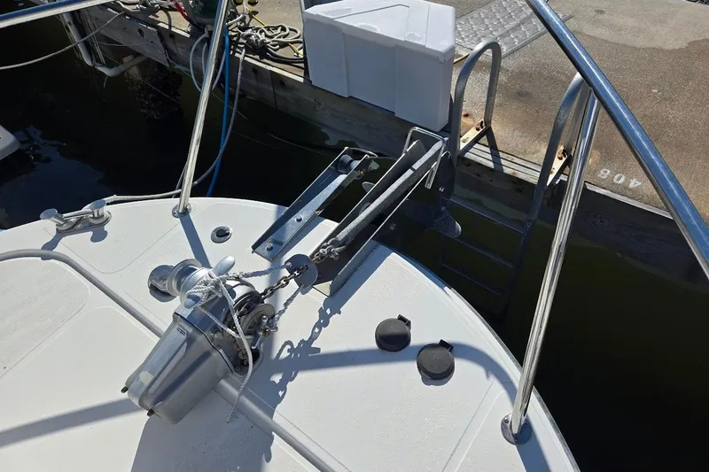 Slide: The Image of Anchor system on 2010 American Tug "34" Pilothouse Trawler at dock. - 89