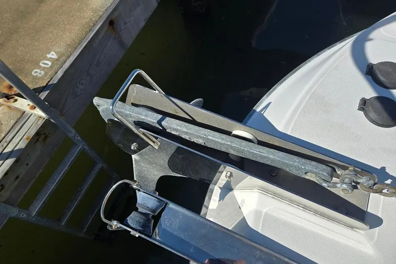 Slide: The Image of Anchor setup on 2010 American Tug "34" Pilothouse Trawler at dock. - 90