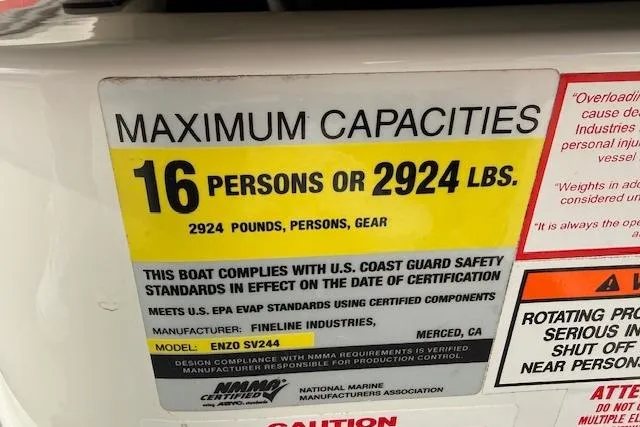 Slide: The Image of Capacity label for 2013 Centurion Enzo SV244, 16 persons or 2924 lbs. - 8