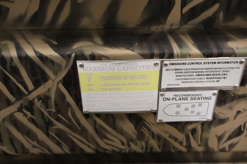 Slide: The Image of 2024 Crestliner 1870 Retriever FCC capacity and emissions control information on camouflage background. - 25