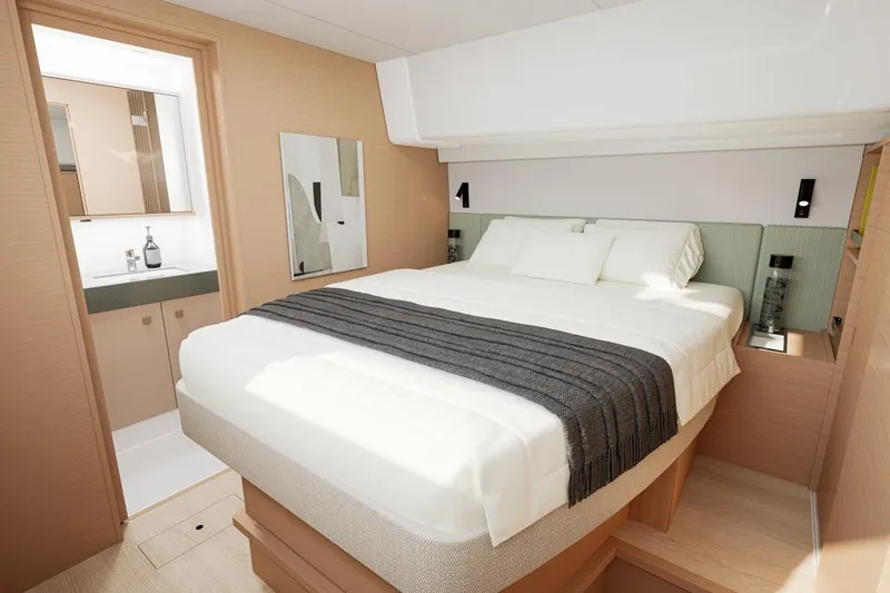 Slide: The Image of Luxurious bedroom in Lagoon 47 catamaran, model year 2026. - 16