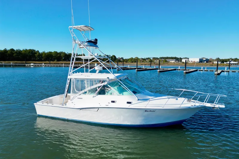 The Image of 1996 Cabo 35 Express boat on calm water, clear sky background. - 0