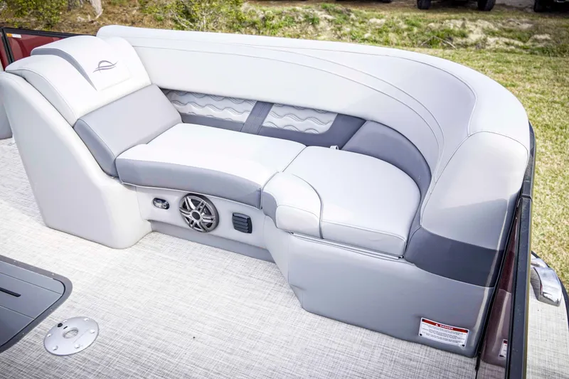 Slide: The Image of Luxurious seating on 2025 SunCatcher Fusion 322RC pontoon boat, featuring sleek design and premium materials. - 12