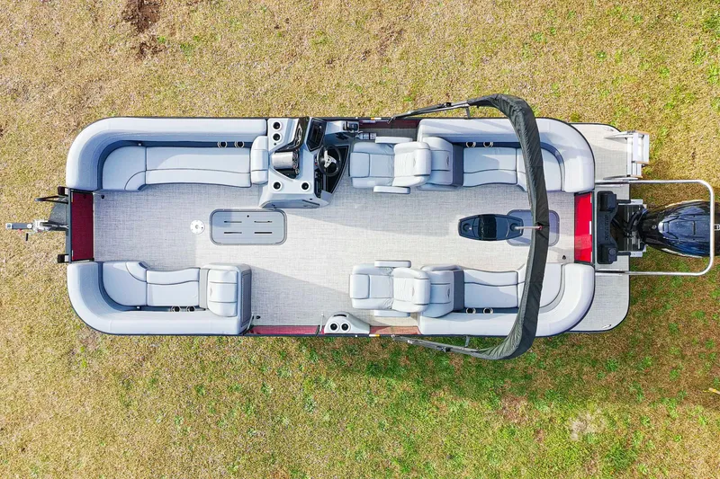 Slide: The Image of Top view of 2025 SunCatcher Fusion 322RC pontoon boat on grass. - 33